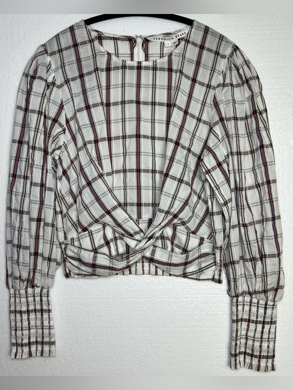 Veronica Beard Nyla Top Size 8 in White/Multicolor Check Plaid Cotton Blend